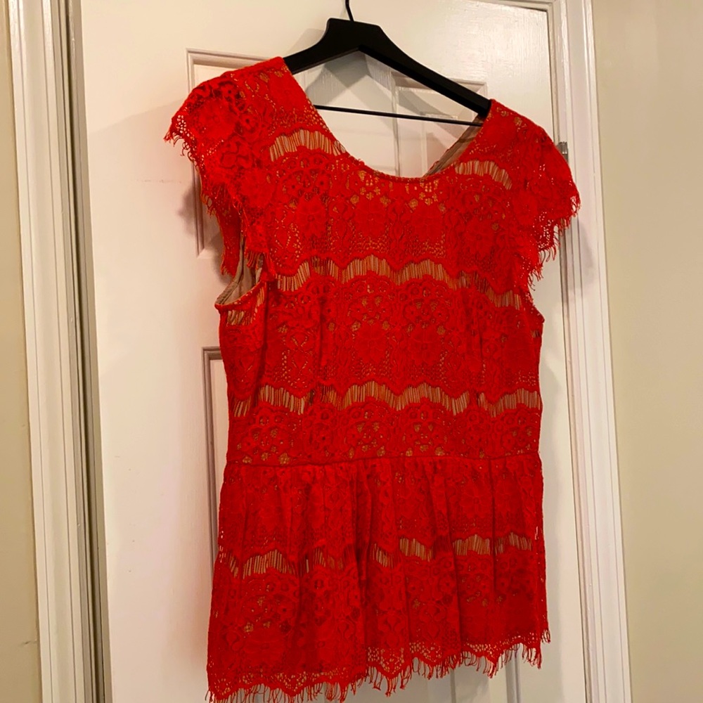 Red-Orange Lace Overlay Top